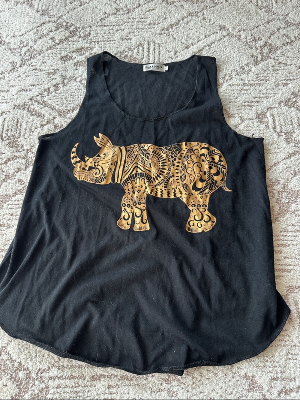 LA Soul Black Tank Top Gold Rhino Graphic Boho Sleeveless Flowy Top Size Small
